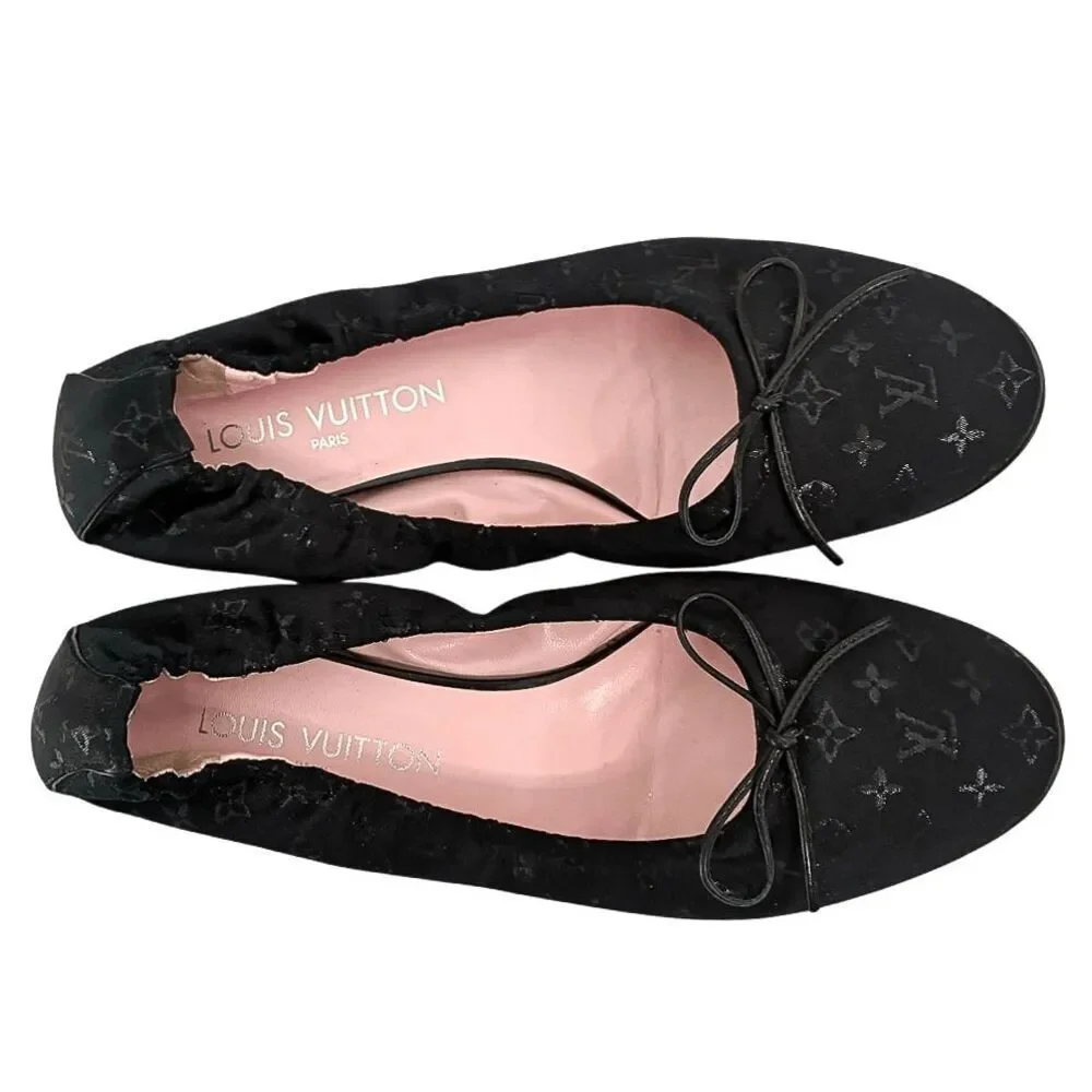Louis Vuitton Black Logo Satin Ballet Flats Monogram Bow Ballerina EU 37 Slip On